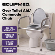 EQUIPMED Foldable Over Toilet Aid, Night Commode, Splash Guard, Commode Pail, Padded Armrests, 7 Adj. Heights, Non-Slip Feet, 136kg Rated