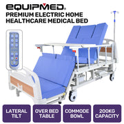 EQUIPMED Electric 8 Function Medical Bed , w/ Mattress & Over Bed Table, Adjustable Back and Leg Lifting, Lateral Tilting, Commode Bowl, IV Pole