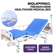 EQUIPMED 4 Function Medical Bed, w/ Mattress & Over Bed Table, Easy Manual Adjustable Back and Leg Incline, IV Pole