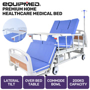 EQUIPMED 7 Function Medical Bed, w/ Mattress & Over Bed Table, Adjustable Back and Leg Lifting, Lateral Tilting, Commode Bowl, IV Pole
