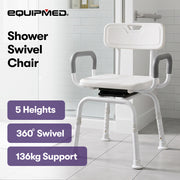 EQUIPMED Shower Swivel Chair, 136kg Capacity, Padded Armrests, Adjustable Height, Non-slip Seat/Feet, Rehabiltiation and Senior Care, Injury Support Bathing Aid