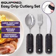 EQUIPMED Adaptive Non-slip Grip Cutlery Set, Bendable Fork and Spoon, Curved Easy Cut Knife, Large Ergonomic Handles, Arthritis & Limited Dexterity Eating Aid