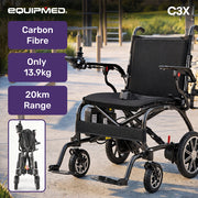 EQUIPMED C3X Super-Lightweight Carbon Fibre Electric Wheelchair, Only 12.5kg Battery Removed, Foldable, 20km Range