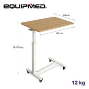 EQUIPMED Overbed Table with Gas Lift, 15kg Load, Steel Frame, 78-107cm Adjustable Height, Lockable Castors, Home Care Use