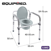 EQUIPMED Foldable Over Toilet Aid, Night Commode, Splash Guard, Commode Pail, Padded Armrests, 7 Adj. Heights, Non-Slip Feet, 136kg Rated