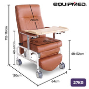 EQUIPMED Deluxe Mobile Geriatric Recliner Day Chair, Adjustable and Removable Meal Tray, Drop Down Armrests, 3 Heights, Leg Rest, Waterproof Leatherette