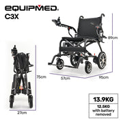 EQUIPMED C3X Super-Lightweight Carbon Fibre Electric Wheelchair, Only 12.5kg Battery Removed, Foldable, 20km Range